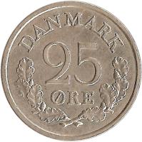 reverse of 25 Øre - Frederik IX (1960 - 1967) coin with KM# 850 from Denmark. Inscription: DANMARK 25 ØRE