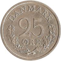 Denmark coin 25 Øre - Frederik IX (1960 - 1967) reverse reverse of 25 Øre - Frederik IX (1960 - 1967) coin with KM# 850 from Denmark. Inscription: DANMARK 25 ØRE