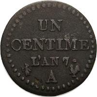 reverse of 1 Centime (1797 - 1799) coin with KM# 646 from France. Inscription: UN CENTIME L'AN 6 · A