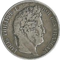 France coin 5 Francs - Louis-Philippe (1832 - 1848) obverse obverse of 5 Francs - Louis-Philippe (1832 - 1848) coin with KM# 749 from France. Inscription: LOUIS PHILIPPE I ROI DES FRANÇAIS