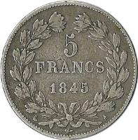 France coin 5 Francs - Louis-Philippe (1832 - 1848) reverse reverse of 5 Francs - Louis-Philippe (1832 - 1848) coin with KM# 749 from France. Inscription: 5 FRANCS 1834 * A