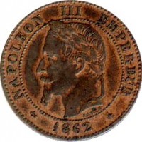 obverse of 2 Centimes - Napoleon III (1861 - 1868) coin with KM# 796 from France. Inscription: NAPOLEON III EMPEREUR 1862