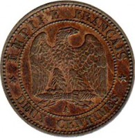 France coin 2 Centimes - Napoleon III (1861 - 1868) reverse reverse of 2 Centimes - Napoleon III (1861 - 1868) coin with KM# 796 from France. Inscription: EMPIRE FRANÇAIS A * DEUX CENTIMES *