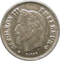 obverse of 20 Centimes - Napoleon III (1867 - 1868) coin with KM# 808 from France. Inscription: NAPOLEON III EMPEREUR BARRE