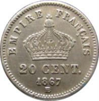 reverse of 20 Centimes - Napoleon III (1867 - 1868) coin with KM# 808 from France. Inscription: EMPIRE FRANÇAIS 20 CENT. 1867 A