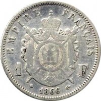 France coin 1 Franc - Napoleon III (1862 - 1870) reverse reverse of 1 Franc - Napoleon III (1862 - 1870) coin with KM# 806 from France. Inscription: EMPIRE FRANÇAIS 1 F 1866