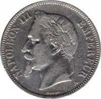 obverse of 5 Francs - Napoleon III (1861 - 1870) coin with KM# 799 from France. Inscription: NAPOLEON III EMPEREUR A BARRE