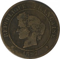 obverse of 5 Centimes (1871 - 1898) coin with KM# 821 from France. Inscription: RÉPUBLIQUE FRANÇAISE OUDINÉ 1897