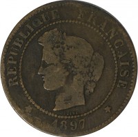 France coin 5 Centimes (1871 - 1898) obverse obverse of 5 Centimes (1871 - 1898) coin with KM# 821 from France. Inscription: RÉPUBLIQUE FRANÇAISE OUDINÉ 1897