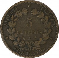 France coin 5 Centimes (1871 - 1898) reverse reverse of 5 Centimes (1871 - 1898) coin with KM# 821 from France. Inscription: LIBERTÉ * ÉGALITÉ * FRATERNITÉ * 5 CENTIMES A