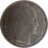 obverse of 20 Francs (1929 - 1939) coin with KM# 879 from France. Inscription: REPUBLIQUE FRANÇAISE P.TURIN