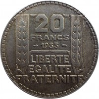 reverse of 20 Francs (1929 - 1939) coin with KM# 879 from France. Inscription: 20 FRANCS 1933 LIBERTE EGALITE FRATERNITE