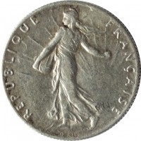 obverse of 50 Centimes (1897 - 1920) coin with KM# 854 from France. Inscription: REPUBLIQUE FRANÇAISE O. ROTY