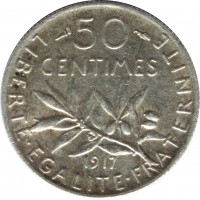 France coin 50 Centimes (1897 - 1920) reverse reverse of 50 Centimes (1897 - 1920) coin with KM# 854 from France. Inscription: 50 CENTIMES 1917 LIBERTE · EGALITE · FRATERNITE
