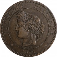 obverse of 10 Centimes (1870 - 1898) coin with KM# 815 from France. Inscription: REPUBLIQUE FRANCAISE * 1872 *