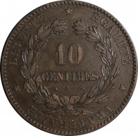 France coin 10 Centimes (1870 - 1898) reverse reverse of 10 Centimes (1870 - 1898) coin with KM# 815 from France. Inscription: LIBERTÉ * ÉGALITÉ * FRATERNITÉ * 10 CENTIMES A