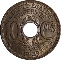 France coin 10 Centimes (1938 - 1939) reverse reverse of 10 Centimes (1938 - 1939) coin with KM# 889 from France. Inscription: LIBERTE · EGALITE FRATERNITE 10 Cmes 1939