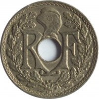 obverse of 5 Centimes (1938 - 1939) coin with KM# 875a from France. Inscription: RF EM LINDAUER