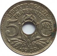 France coin 5 Centimes (1938 - 1939) reverse reverse of 5 Centimes (1938 - 1939) coin with KM# 875a from France. Inscription: LIBERTE · EGALITE FRATERNITE 5 Cmes · 19 39 ·