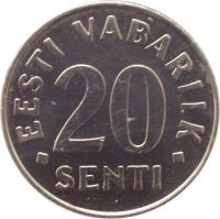 reverse of 20 Senti (1997 - 2008) coin with KM# 23a from Estonia. Inscription: EESTI VABARIIK 20 SENTI
