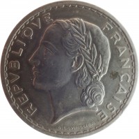 obverse of 5 Francs (1933 - 1939) coin with KM# 888 from France. Inscription: REPUBLIQUE FRANÇAISE A.LAVRILLIER