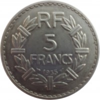 reverse of 5 Francs (1933 - 1939) coin with KM# 888 from France. Inscription: RF 5 FRANCS 1935