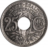 France coin 25 Centimes (1913 - 1917) reverse reverse of 25 Centimes (1913 - 1917) coin with KM# 867 from France. Inscription: LIBERTE · EGALITE FRATERNITE 25 Cmes 1915