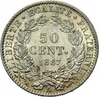 reverse of 50 Centimes (1871 - 1895) coin with KM# 834 from France. Inscription: LIBERTE EGALITE FRATERNITE 50 CENT. 1882 A