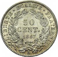 France coin 50 Centimes (1871 - 1895) reverse reverse of 50 Centimes (1871 - 1895) coin with KM# 834 from France. Inscription: LIBERTE EGALITE FRATERNITE 50 CENT. 1882 A
