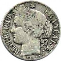 obverse of 1 Franc (1871 - 1895) coin with KM# 822 from France. Inscription: REPUBLIQUE * FRANÇAISE. E.A.OUDINÉ.F.