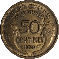 France coin 50 Centimes (1931 - 1947) reverse reverse of 50 Centimes (1931 - 1947) coin with KM# 894 from France. Inscription: LIBERTE · EGALITE FRATERNITE 50 CENTIMES 1932