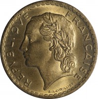 obverse of 5 Francs (1938 - 1947) coin with KM# 888a from France. Inscription: REPUBLIQUE FRANÇAISE A. LAVRILLIER