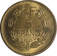 France coin 5 Francs (1938 - 1947) reverse reverse of 5 Francs (1938 - 1947) coin with KM# 888a from France. Inscription: RF 5 FRANCS 1945
