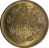 reverse of 5 Francs (1938 - 1947) coin with KM# 888a from France. Inscription: RF 5 FRANCS 1945