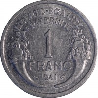 reverse of 1 Franc - Heavier (1941) coin with KM# 885a from France. Inscription: LIBERTE-EGALITE FRATERNITE 1 FRANC 1941
