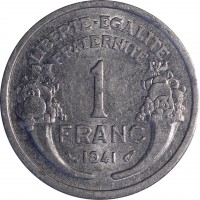 France coin 1 Franc - Heavier (1941) reverse reverse of 1 Franc - Heavier (1941) coin with KM# 885a from France. Inscription: LIBERTE-EGALITE FRATERNITE 1 FRANC 1941