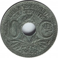 reverse of 10 Centimes - MES underlined; Year with points (1941) coin with KM# 897 from France. Inscription: LIBERTÉ · ÉGALITÉ FRATERNITÉ 10 Cmes · 1941 ·