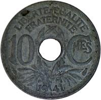 reverse of 10 Centimes - MES not underlined; Year without points (1941) coin with KM# 895 from France. Inscription: LIBERTɷÉGALITÉ FRATERNITÉ 10 CMES 1941