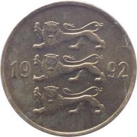 obverse of 20 Senti (1992 - 1996) coin with KM# 23 from Estonia. Inscription: 19 92