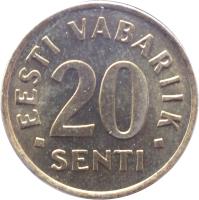 reverse of 20 Senti (1992 - 1996) coin with KM# 23 from Estonia. Inscription: EESTI VABARIIK 20 SENTI