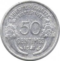 reverse of 50 Centimes - Heavier (1941) coin with KM# 894a from France. Inscription: LIBERTE · EGALITE FRATERNITE 50 CENTIMES 1941