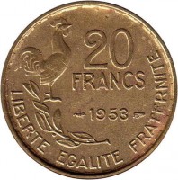 reverse of 20 Francs - G GUIRAUD (1950 - 1954) coin with KM# 917 from France. Inscription: 20 FRANCS 1953 LIBERTE EGALITE FRATERNITE