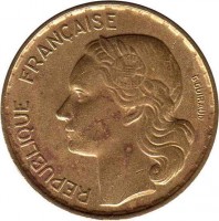 obverse of 20 Francs - G GUIRAUD (1950 - 1954) coin with KM# 917 from France. Inscription: REPUBLIQUE FRANÇAISE G GUIRAUD