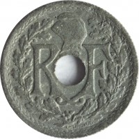 obverse of 10 Centimes (1944 - 1946) coin with KM# 906 from France. Inscription: RF EM LINDAUER