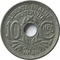 reverse of 10 Centimes (1944 - 1946) coin with KM# 906 from France. Inscription: LIBERT.ÉGALITÉ FRATERNITÉ 10 CMES 1945