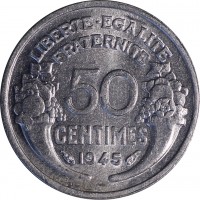 reverse of 50 Centimes - Lighter (1941 - 1947) coin with KM# 894a from France. Inscription: LIBERTE · EGALITE FRATERNITE 50 CENTIMES 1945