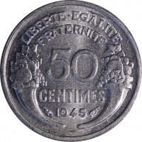 France coin 50 Centimes - Lighter (1941 - 1947) reverse reverse of 50 Centimes - Lighter (1941 - 1947) coin with KM# 894a from France. Inscription: LIBERTE · EGALITE FRATERNITE 50 CENTIMES 1945