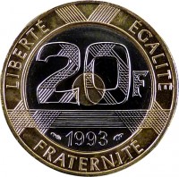 France coin 20 Francs (1992 - 2001) reverse reverse of 20 Francs (1992 - 2001) coin with KM# 1008 from France. Inscription: LIBERTÉ EGALITÉ 20F 1993 FRATERNITÉ