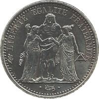 obverse of 10 Francs (1964 - 1973) coin with KM# 932 from France. Inscription: LIBERTE EGALITE FRATERNITE Dupré