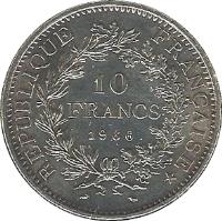 France coin 10 Francs (1964 - 1973) reverse reverse of 10 Francs (1964 - 1973) coin with KM# 932 from France. Inscription: REPUBLIQUE FRANÇAISE 10 FRANCS 1970